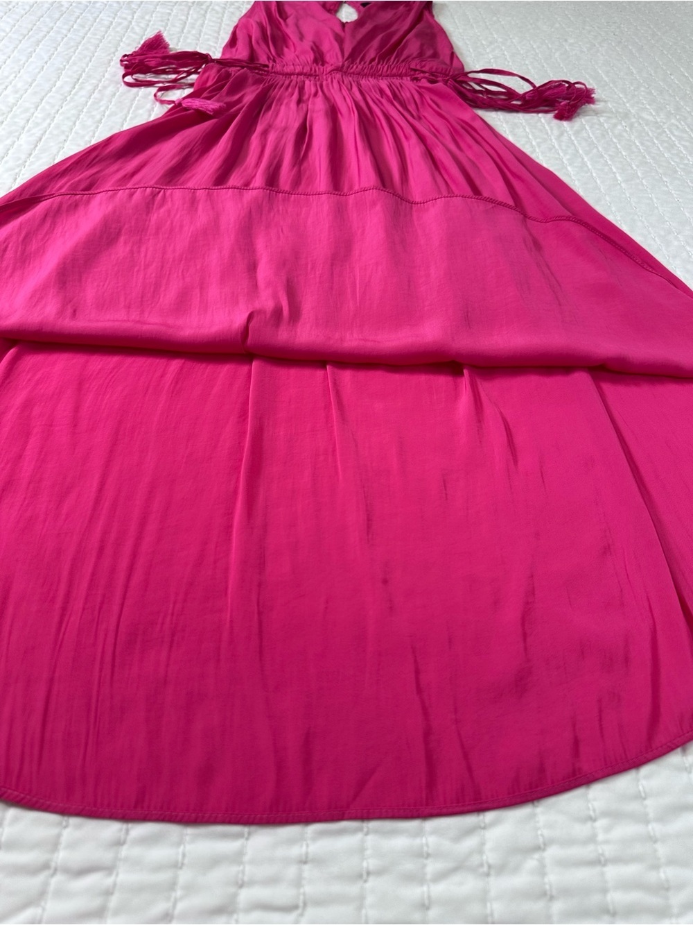 Tahari Hot Pink Summery Sleeveless V-Neck Midi Dress with Elastic Tassel Waist - Picture 5 of 13